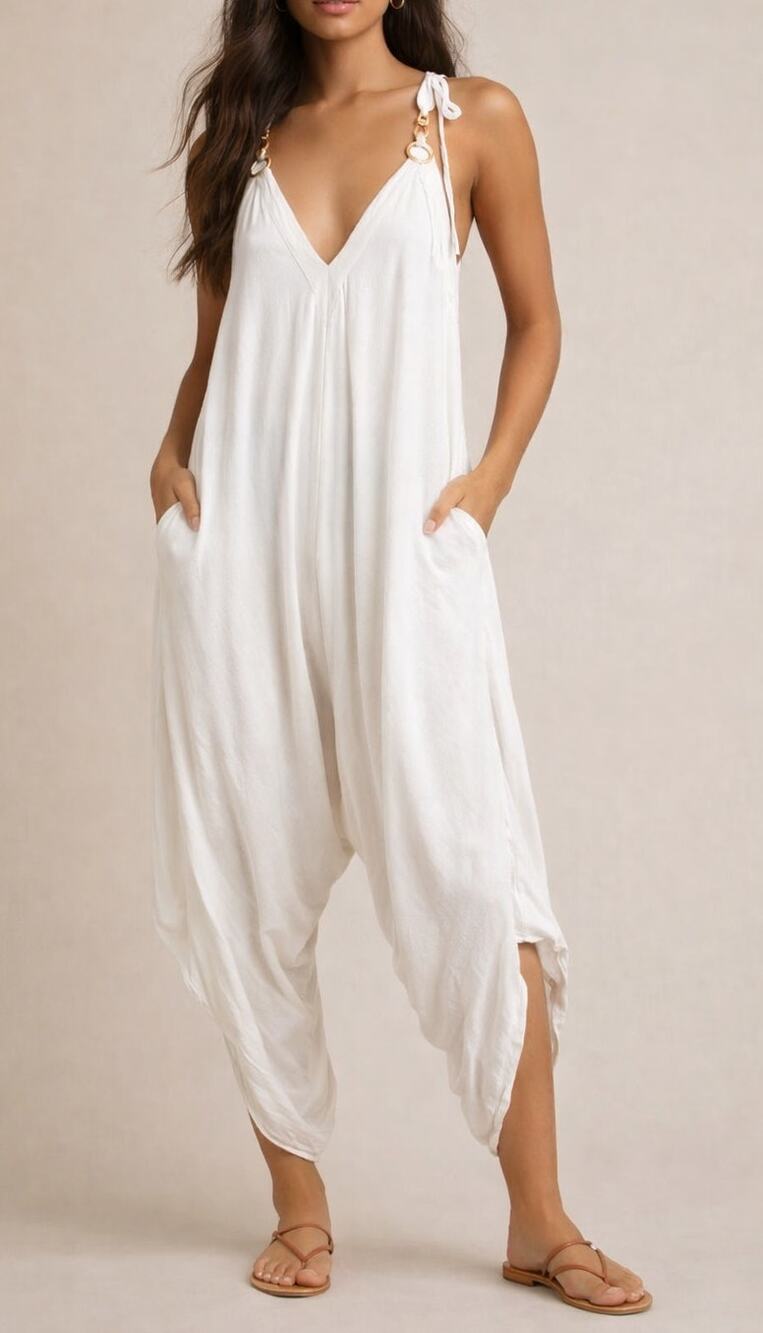 Chameleon Tie Shoulder Ring Detail V-Neck Harem Wide Leg Jumpsuit White Small